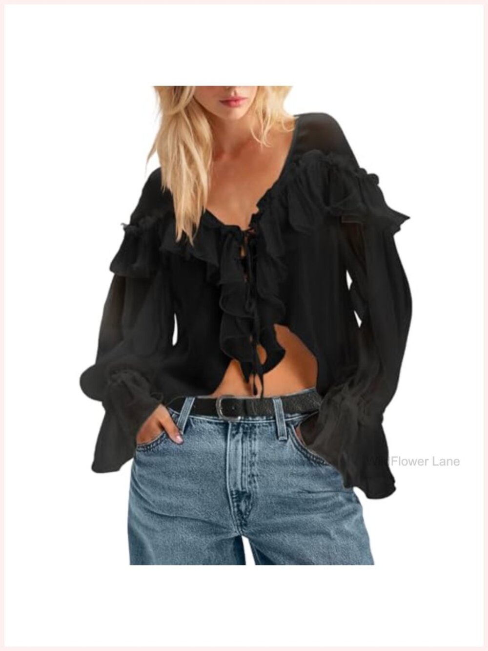 Boho Lace Tie Front Ruffle Blouse Long Sleeve Flowy V Neck Chiffon Top Women
